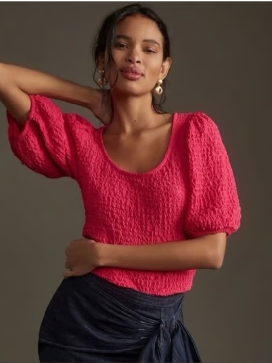 Maeve Tops - Anthropologie Maeve Balloon Sleeved Textured Smocked Stretch Top Large Hot Pink
